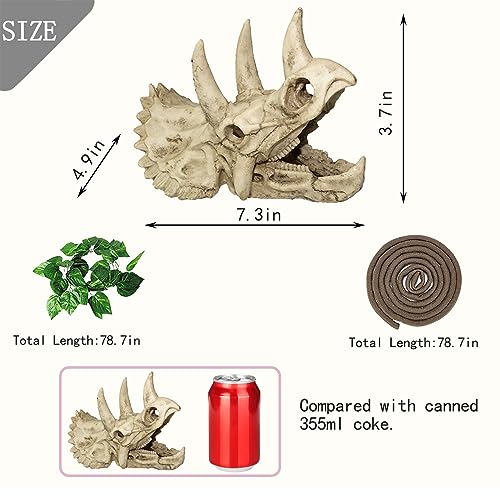 Tfwadmx Bearded Dragon Tank Accessories Resin Dinosaur Triceratops Skull Skeleton Reptiles Hideouts Cave Vines Leaves Aquarium Decorations for Lizards,Chameleon,Snake,Spider,Gecko