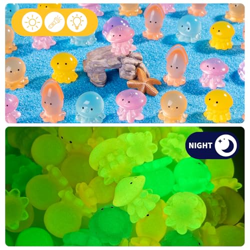 60 pcs Mini Resin 6 Styles Ocotopus Tiny Luminous Animals Figures Miniature Little Small Animal Figurines Bulk for Micro Fairy Garden Landscape Accessories Hide Crafts Decor Aquarium - color: Octopus-60p