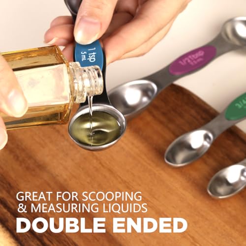 ChefAide Pack of 8 Stainless Steel Magnetic Measuring Spoons Set, Dual Sided, Stackable, Adjustable Teaspoon and Tablespoon Measure Spoon with Leveler, Kitchen Gadgets - color: Multicolor, size: Magnetic Measuring Spoons