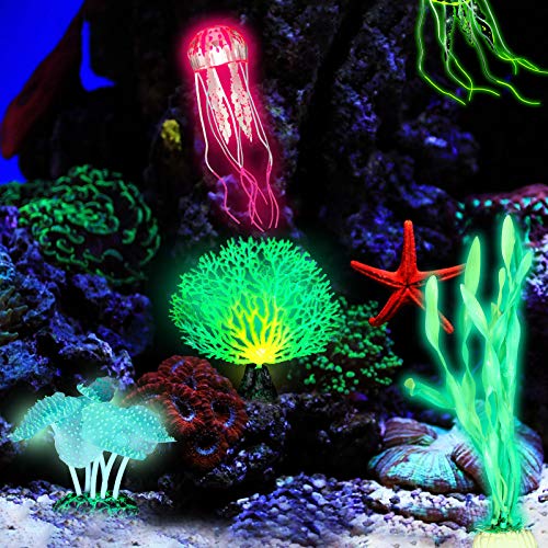 Frienda 8 Pieces Glowing Effect Fish Tank Decorations Artificial Plants with 2 Style Glowing Kelp, Sea Anemone, Simulation Coral, Jellyfish, Lotus Leaf, Mushroom for Aquarium Ornament(Yellow, Pink) - color: Yellow, Pink