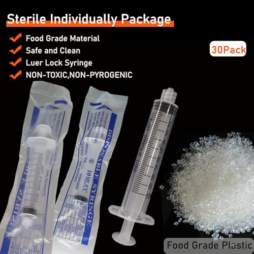 30Pack 10ml Syringe Plastic Luer Lock Syringe Without Needle for Scientific Labs,Feeding Pets Individually Sterile Sealed