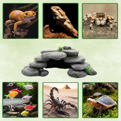 Aquarium Rock Cave House, Natural Looking Rocks | Built with durable materials, these reptile cave shelters work great as aquarium decor. - color: Green-Medium