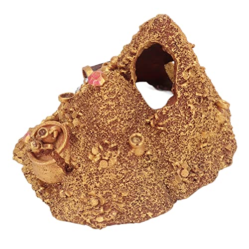 Wisecoco Aquarium Decoration Cave, Fish Tank Gold Mountain Simulation Resin Aquarium Treasure Mountain Hideouts Decoration for Freshwater Saltwater 4.3 x 4.7 x 5.9 inch