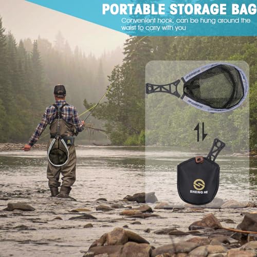 THKFISH Fly Fishing Landing Net, Foldable Landing Trout Net with ABS Handle,Rubber Coated Mesh Trout Net with Tackle Bag for Trout Bass Catch and Release, Portable Fly Fishing Gear,M/L