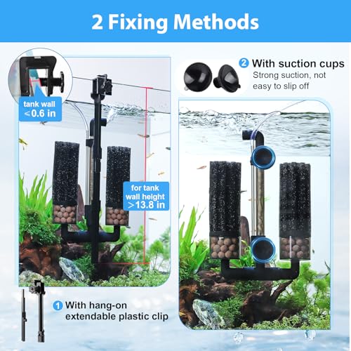 hygger Aquarium Double Sponge Filter: Upgraded Sponge Filter with Larger Filtration Area, Come with Extendable Clip, 2 Spare Biochemical Sponges, Bioceramic Balls, for Freshwater Saltwater Tank - S - size: S (For 10-40 Gallon)