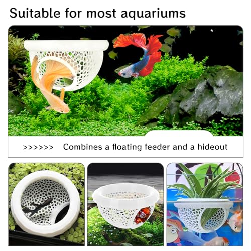 Aquarium Betta Fish Feeding Station, Floating Ring with Cave Hammock, Fish Hide Decoration, White