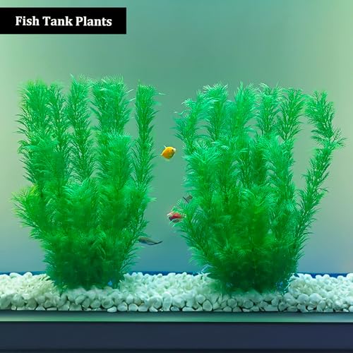 Fish Tank Plants 13.78 Inch, 2 Pack Aquarium Plants Plastic, Realistic Soft Plastic Fish Tank Decorations with Stable Ceramic Base, Natural Artificial Aquarium Ornaments Decor for Fish Tanks - size: 13.78in