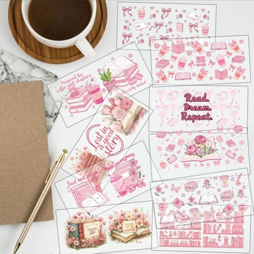 14 Pcs Reading UV DTF Cup Wraps for 16OZ Glass, 4.3 x 9.4 Inch Pink Reading Book Lover UV DTF Transfer Stickers Waterproof Rub on Transfer Decals for Glass Bottle Vase Furniture Crafts - style: Pink Reading