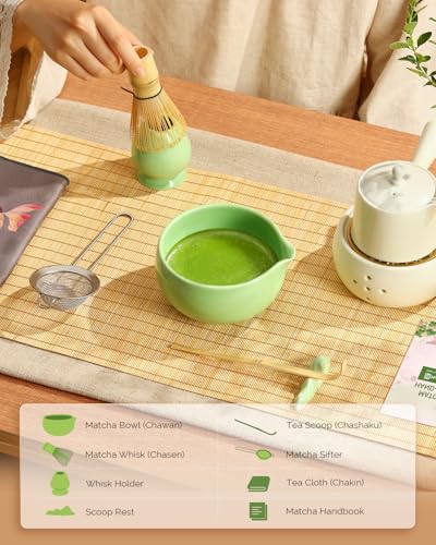 Maestri House Matcha Whisk Set, 7-Pc Complete Matcha Kit with Spouted Ceramic Bowl, Bamboo Whisk and Holder, Scoop, Spoon Rest & Sifter, Tea Cloth – Ideal Gift for Matcha Lovers (Green) - color: Green