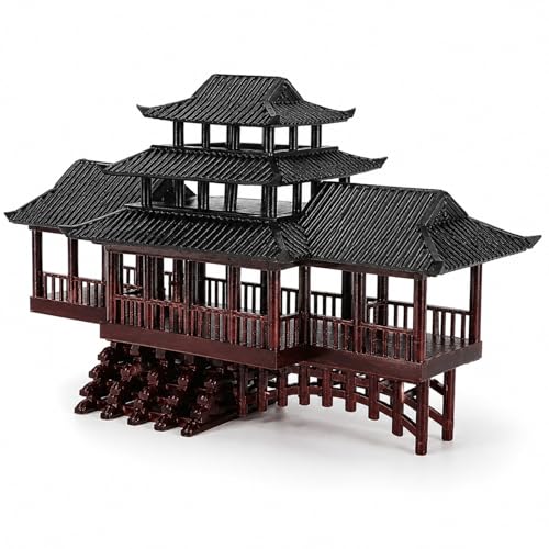 LOGOFUN Mini Ancient Chinese Pavilion Ornament with Arched Bridge for Micro Landscape Garden Bonsai Model Decoration - 13.5x5x5.5cm