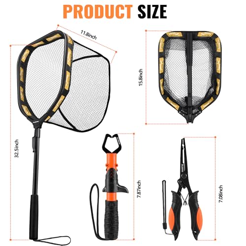 PLUSINNO Floating Fishing Net for Steelhead, Salmon, Fly, Kayak, Catfish, Bass, Trout Fishing, Rubber Coated Foldable Landing Net with Fixed or Telescoping Pole Handle, Fishing Gear and Gifts for Men - color: 11.8"/30cm Hoop Size 0.8M Orange (Fixed Pole)W