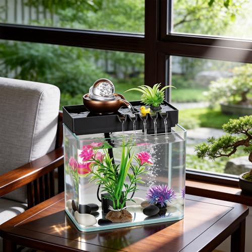 Indoor Water Fountain, 5-in-1 Tabletop Waterfall with Fish Tank & Mist Spray Humidifier, Desktop Fountain for Office Decor, Relaxing Small Water Feature for Bedroom Living Room Home