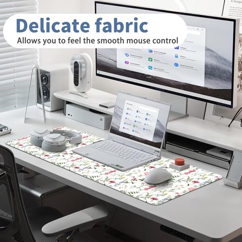 White Kawaii Flower Mouse Pad Large Desk Mat Extended Keyboard Mouse Pad Cute Mousepad with Non-Slip Base and Stitched Edge Floral Mouse Mat Desk Pad 31.5 x 11.8 Mouse Pads for Desk Home Office Gaming - color: White Wildflower