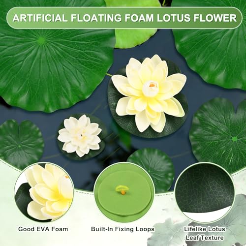 M METERXITY 1-Set Artificial Floating Foam Lotus Flower with Water Lily Pad, 4/7/11 Inch Fake Lotus Flowers Water Lilies for Pool/Fountain/Garden Decor, Pond Plants Ornaments [Cream White] - color: Cream White, size: 6.7/3.9 Inch