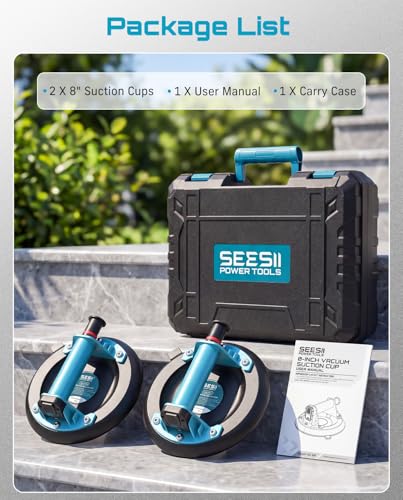 SEESII Suction Cups for Glass Lifting: 8" Tile Suction Cup Lifter with Handle and Pump, 200KG Load Capacity Heavy Duty Vacuum Lifter for Lifting Large Tile, Granite, Metal, Windows (2-Pack) - color: Blue