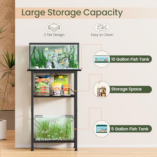 Snughome 5-10 Gallon Aquarium Stand, 3 Tier Fish Tank Stand with Storage, Fish Tank Stand with Metal Frame, Reptile Turtle Tank Stand for Home Office, 20.47" x 11.02" x 30.52", Black - color: Black