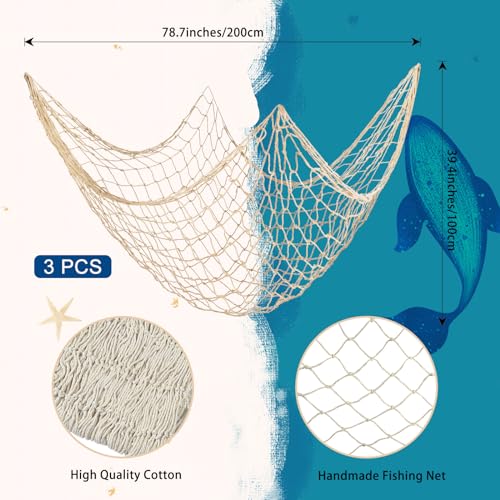 3 Pack Fish Net Decorations for Party, 80x40 Inch Natural Cotton Fishing Net Decor for Under The Sea Hawaiian Beach Party, Thick Nautical Netting for Wall Table Ceiling Decoration - color: Beige-3 Pcs