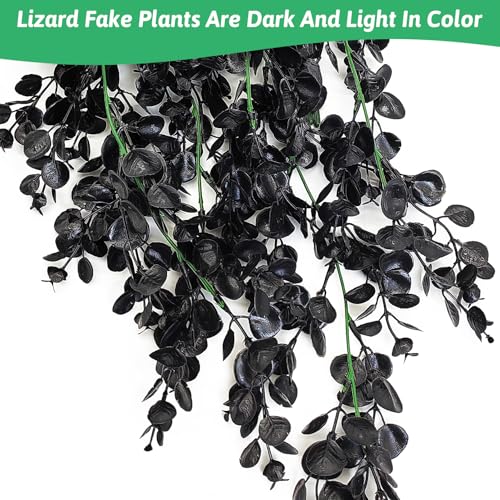 Reptile Plants, 2 Pack Hanging Terrarium Plants, Artificial Leaves Habitat Decorations with Suction Cup, Fake Amphibian Plants for Bearded Dragon Lizard Hermit Crab Geckos Chameleon(Black) - size: 2 PCS