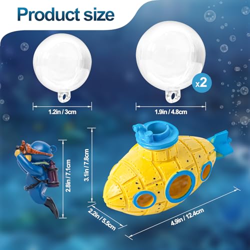 New Upgrade Floating Fish Tank Decoration, Cute Retro Submarine Set and Floating Diver,Three Float Balls, Aquarium Decorations Resinous Betta Fish Tank Accessories - color: Yellow