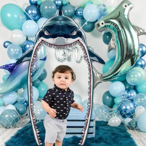 Zliisang Shark Door Cover Banner Ocean Theme Shark Party Decorations Summer Sea Birthday Backdrop for Wall Indoor Home Decor Photoshoot Props