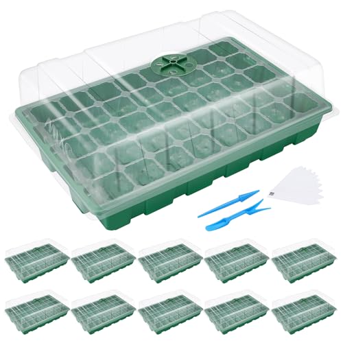 MIXC Seedling Trays Seed Starter Tray, 10-Pack Mini Propagator Plant Grow Kit Greenhouse with Humidity Vented Domes and Base for Seeds' Starting (40 Cells Per Tray, Total 400 Cells), Green - color: Green, size: 40-Cell 10-Pack