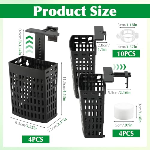 4 Pack Adjustable Aquarium Plant Holders, Hanging Hydroponic Baskets for Fish Tank, Height-Adjustable Extendable Hook, Include Plant Clips & Grow Sponges
