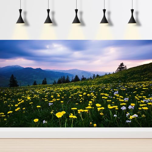 Mountains Pine Trees Aquarium Background Sunset Yellow Flowers Fish Tank Background Fantastic Spruces Natural Landscape Terrarium Backgrounds Lush Wildflowers Meadow Reptile Tank Backgrounds 24x12in - color: Green_Yellow, size: 24(W)x12(H)inches/ 60(W)*30