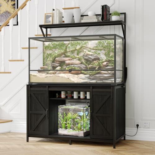 VOWNER Farmhouse Reptile Tank Stand with Power Outlet, 48" X 24" Tabletop Fits up 120 Gallon Bearded Dragon Tank, Heavy Duty Aquarium Stand with Storage Cabinet, Reptile Turtle Terrarium Stand Black - color: Black