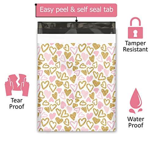 12x15 (50) Pink and Gold Hearts Valentine's Day Designer Poly Mailers Waterproof Self Sealing Tear Resistant Polymailers Large Shipping Envelopes Premium Printed Bags For Small Businesses - color: Pink and Gold Hearts, size: 12x15