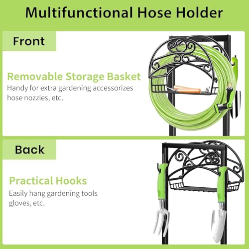 TomCare Garden Hose Holder Upgraded Water Hose Holder Heavy Duty 4 Spikes Hose Hanger Holds 160 Feet Hoses Stable Freestanding Hose Storage Organizer for Outside Yard - color: Black