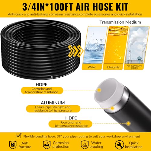 Shop Air Line Kit,Black 3/4 Inch x 100 FT Compressed Air Piping System,HDPE Tubing and Aluminum Outlet Blocks,Air Line Tubing Kit, for Shop,Garage - size: 100FT