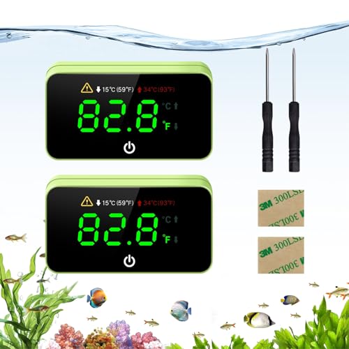 Digital Aquarium Thermometer, Stick-on Fish Tank Thermometer with LED Display, Wireless Aquarium Temperature Measurement with Battery-Change Tool and Extra Sticker.(Green*2) - color: Green-2 Pack