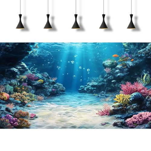 Under The Sea Aquarium Background Underwater Scene Coral Reefs Fish Tank Background Ocean Bed Scene Sand Rocky Outcrops Terrarium Backgrounds Seabed Diverse Marine Life Sunlight Tank Poster 24x12in - color: Blue_Brown, size: 24(W)x12(H)inches/ 60(W)*30cm(