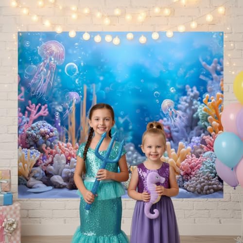 7x5ft Under The Sea Backdrop Ocean Theme Party Decorations Banner Mermaid Coral Jellyfish Underwater World Photography Background for Grils Baby Shower Birthday Photo Booth Prop - color: Pink, size: 7x5ft