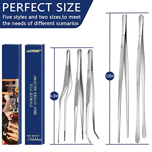 5 Pcs Kitchen Fine Tweezers Tongs, Stainless Steel Food Tongs Set, Professional Kitchen Long Tongs for Cooking,Repairing,Sea food,BBQ,Multi-use(12"and 6.3")