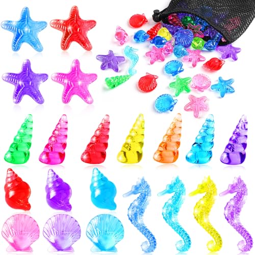 MARFOREVER 36 PCS Diving Gems Pool Toys, Acrylic Diamond Seashell Starfish Conch Scallop Gems Pirate Treasure for Beach Underwater Dive Game Toys Swimming Training Summer Mermaids Party Favors
