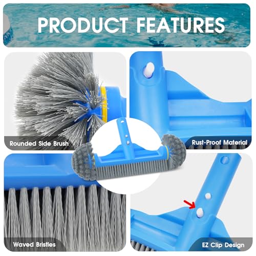 TidyMister 3PCS Cleaning Kit - 12.5'' Brush With Round End & 11'' Skimmer Net Fine Mesh & 5.7 Feet Thick Aluminum Pole 5-Segment, for Above Ground & Inground Pools Ponds - size: 11inch with 5.7ft pole