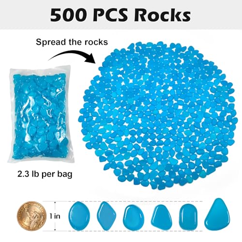NAMTSO Glow in The Dark Rocks Outdoor, 500 pcs Blue Solar Rocks for Landscaping, Outdoor Decor Glow in The Dark Stones, Glowing Pebbles for Garden Backyard Patio Lawn Pond Fish Tank Aquarium Decor - color: Blue