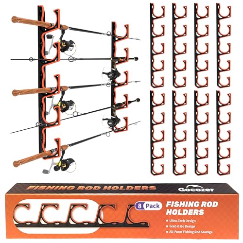 Gocozer Fishing Rod Holder for Garage, H5 Wall or Ceiling Mounted Fishing Pole Holders with Soft Protective Pad, Fishing Rod Storage Organizer, Horizontal Fishing Rod Wall Mount Nets Storage (8 PACK) - color: Black-8Pack