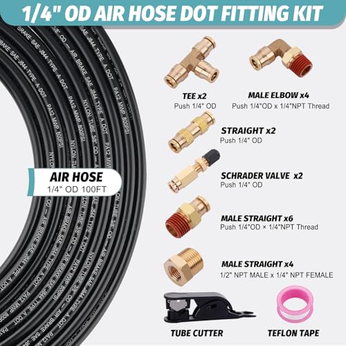 100FT 1/4 Air Hose Brass Fittings Kit 22pcs 1/4" OD Quick Push to Connect DOT Brass Fittings 1/4 SAE J844 PA12 Nylon Air Line Tubing with Cutter for Air Suspension Kit Trailer Brake System - size: 1/4“OD 100FT KIT