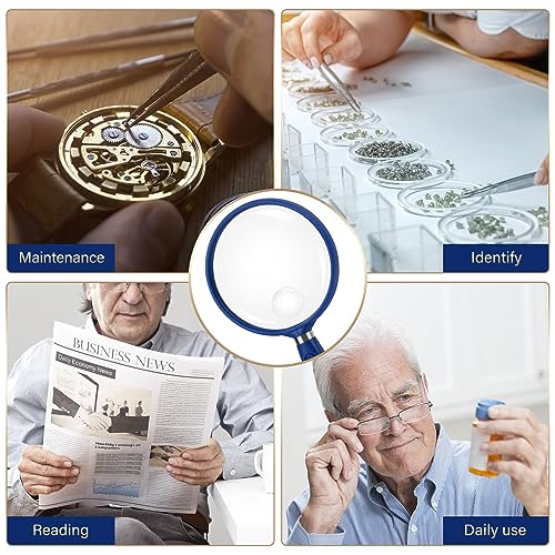 Feosky Handheld Reading Magnifier, 3X Magnifier, 75mm Shatterproof Lens, Non-Slip Handle for Adults Close Work, Seniors Reading and Nature Exploration, Hobby Observation (Blue) - color: Blue01, size: 75mm