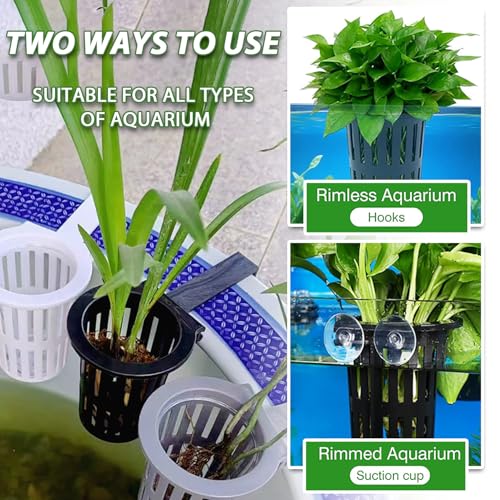 Aquarium Plant Holder 2PC with Hooks & Suction Cups, Aquatic Plant Cup for Fish Tank, Aquaponic & Aquascape Decoration, Black
