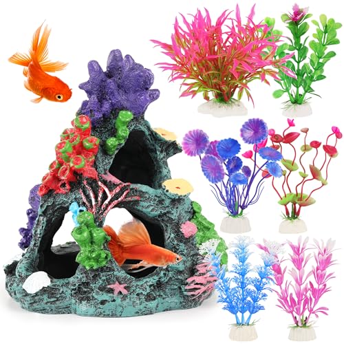 MyLifeUNIT Fish Tank Plants, 7 Pieces Colorful Aquarium Plants and Coral Reef Set for Fish Tank Decoration, Mountain Cave Ornament for Betta, Goldfish to Breed, Play and Rest - color: Colorful