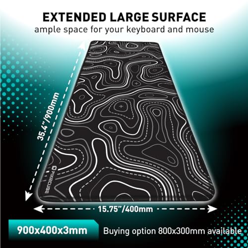 Pixiecube Minimalist Topographic Map Mouse Pad - Contour Extended Large Stitch Edge Mousepad. Black & White Non-Slip XXL Gaming Desk Mat - color: Black Topographic, size: 35.4L x 15.7W inches