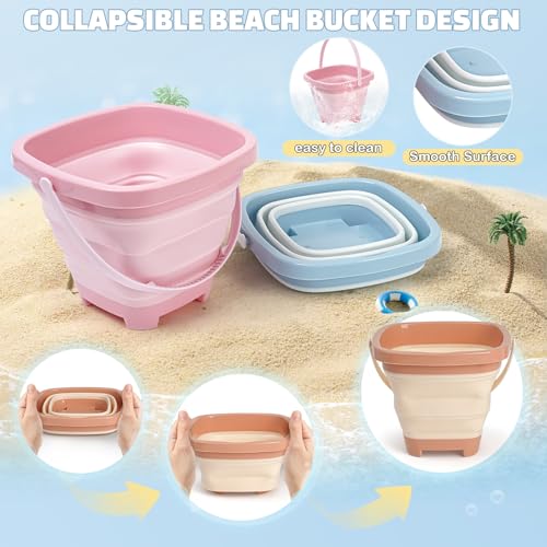 Dreamon Beach Toys Set for Kids 3-10, Collapsible Sand Buckets with Beach Molds and Mesh Bag, 3 Pack Shovels Set Sand Toys for Beach, Sandbox Travel Toys for Toddlers Kids - color: Pink/Orange/Blue