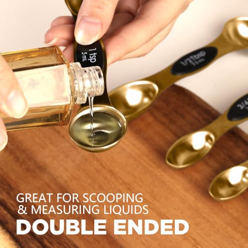 ChefAide Pack of 8 Stainless Steel Magnetic Measuring Spoons Set, Dual Sided, Stackable, Adjustable Teaspoon and Tablespoon Measure Spoon with Leveler, Kitchen Gadgets - color: Gold, size: Magnetic Measuring Spoons