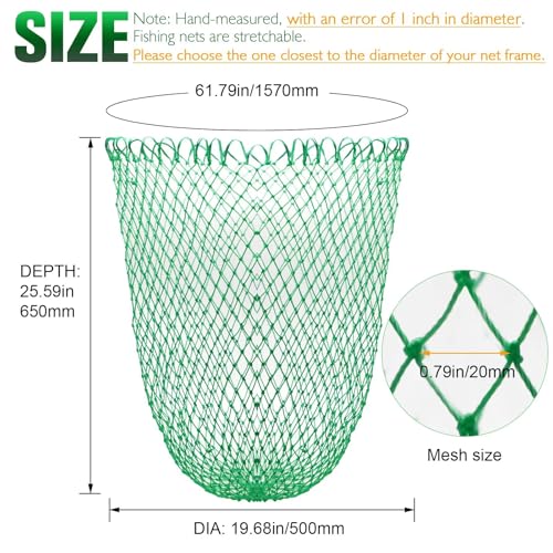 Dovesun Fishing Net Fish Landing Net Foldable Fishing Replacement Net for Freshwater Saltwater Fishing Net Replacement Netting Green/Black 2 Colors Handle/Frame Not Included - color: Green, size: 19.68" dia-25.59" depth(61.79" Circumference)