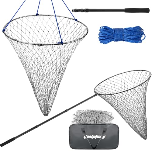 QualyQualy Foldable Pier Fishing Net 23" with Rust-Proof Stainless Steel Ring & Heavy-Duty Poly Mesh | Saltwater & Freshwater Landing Net for Kayak, Bridge Fishing Lightweight Durable Design - color: Gray, size: With Handle