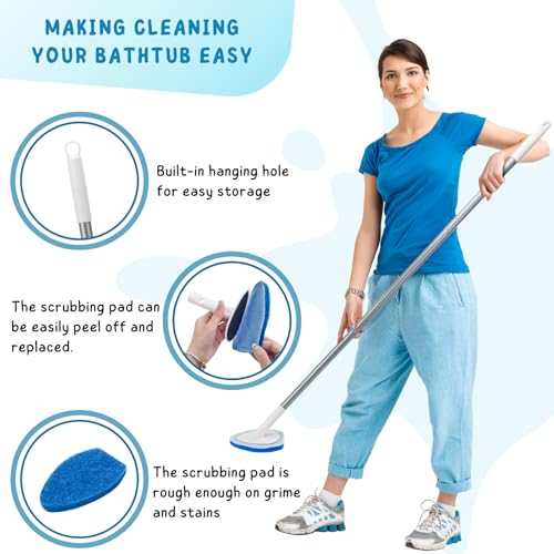 Shower Scrubber, Bathroom Tub and Tile Cleaner Brush with Long Handle, 47'' Bathtub Cleaning Tool with 6 Refill Pads - color: Blue, size: Scrubber with Long handle