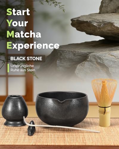 Maestri House Matcha Whisk Set, 7-Pc Complete Matcha Kit with Spouted Ceramic Bowl, Bamboo Whisk and Holder, Scoop, Spoon Rest & Sifter, Tea Cloth – Ideal Gift for Matcha Lovers (Black Stone) - color: Black Stone